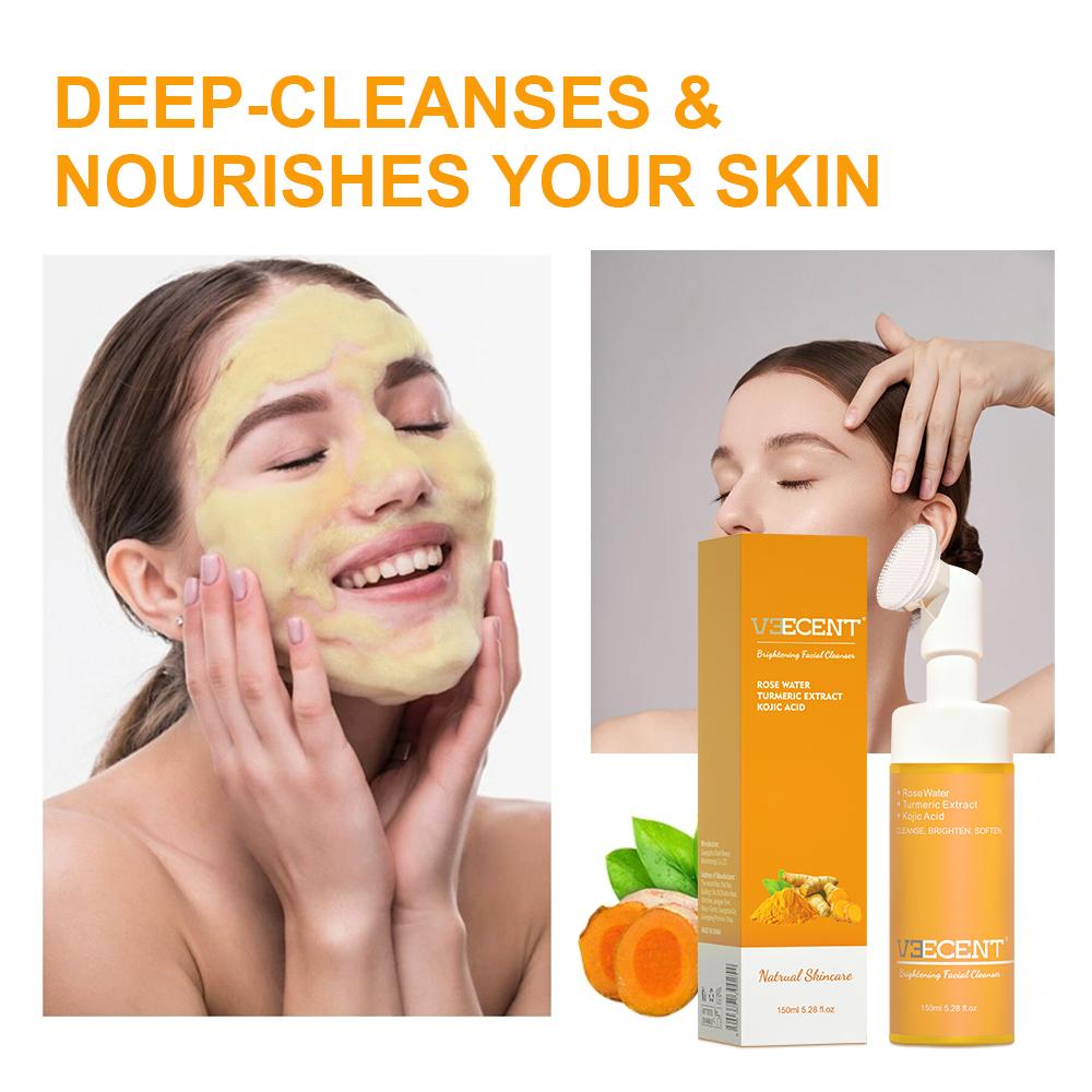 Veecent 150ml Turmeric + Kojic Acid Foaming Facial Cleanser + Silicone Brush Cleansing Skincare Set (Gentle Type) – Turmeric Face Wash (Facial Care Set) Coconut Soothing