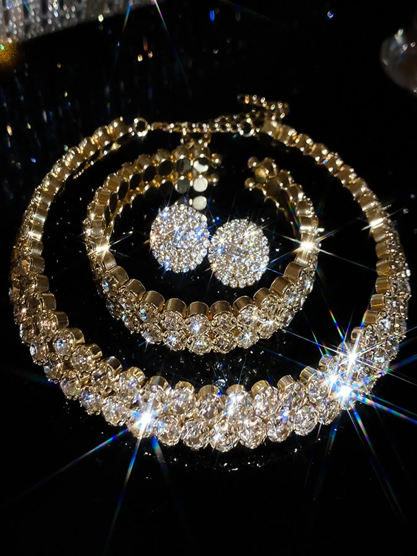 Shiny Silver Gold Color Crystal Necklace Earrings Bracelet Set for Women, Wedding Party Daily Wear, Elegant Style, All Seasons