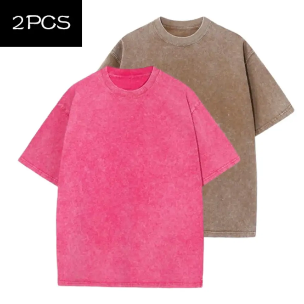 Womens 2PCS Vintage T Shirts for Unisex Acid Washed Baggy 100% Cotton Tee Workout Gym Retro Short Sleeve   Shirts   Tops Casual Style Streetwear