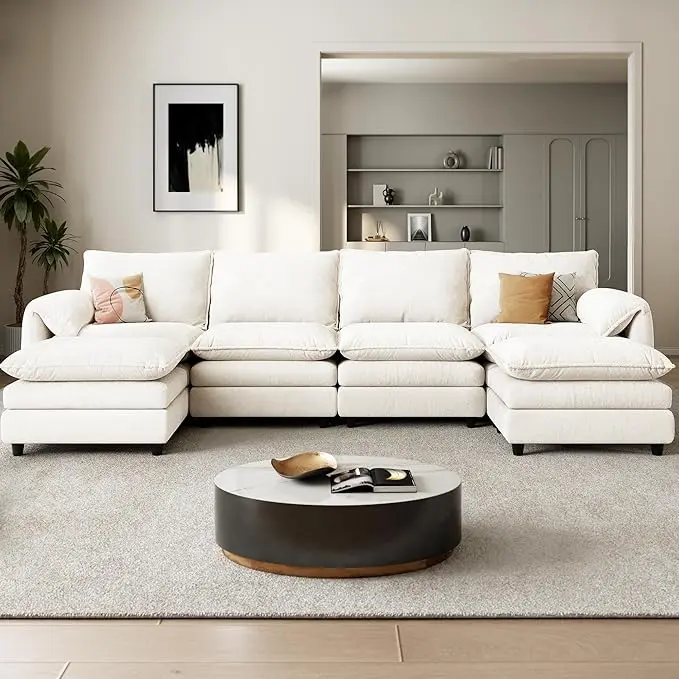 YITAHOME  142" Modular Sectional Sofa, Modern U Shaped Couch with Movable Ottoman, Pillow-Armrest, Velvet 6 Deep Seat Cloud Couch for Living Room, Beige