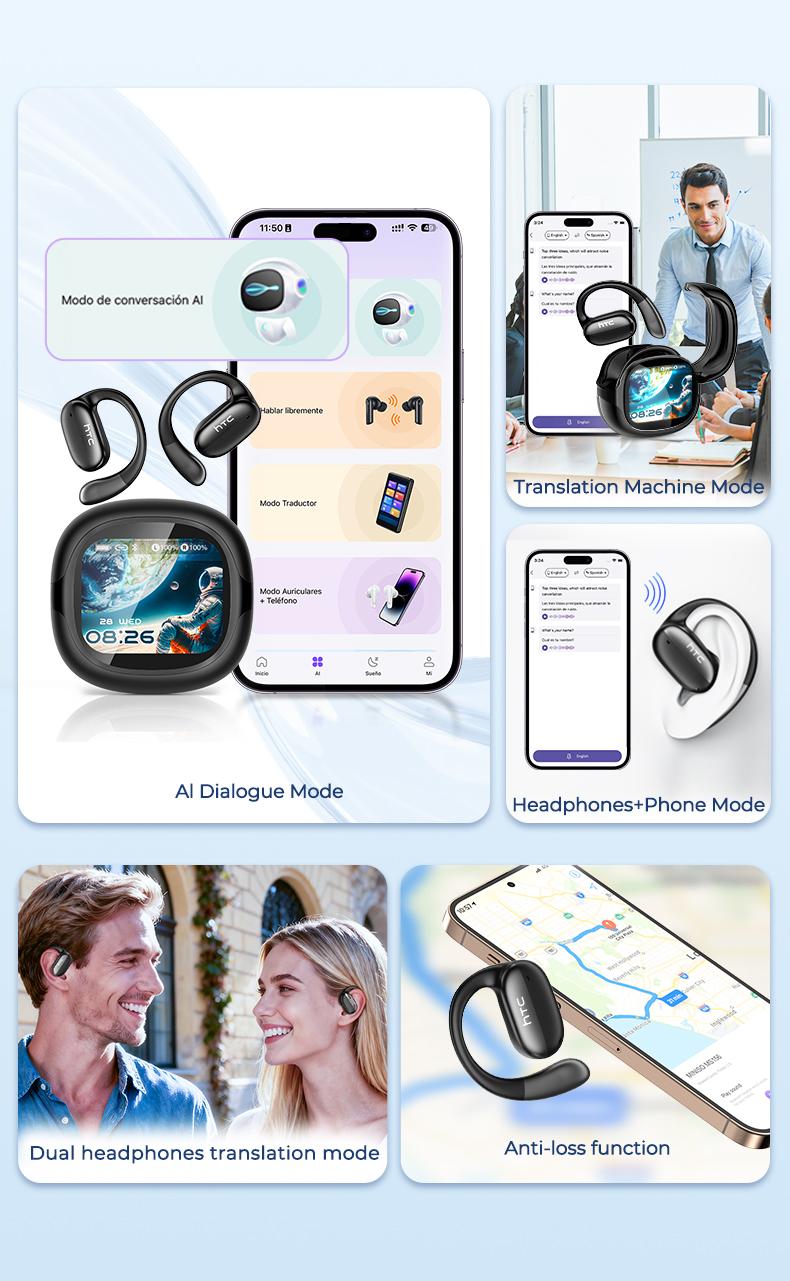 HTC NE58 OWS Translator Bluetooth Earbuds Bluetooth 6.0 Headphones LED Multi-function Touchscreen Real-time Translation in 134 Languages ​​Hi-Fi Sound Quality HD Calls Suitable for Entertainment, Music, Travel, and Office
