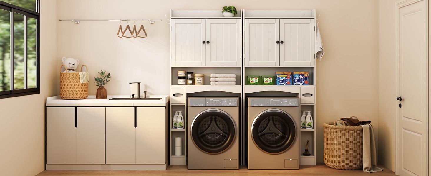 Gizoon Over The Toilet Storage Cabinet 32.3" W Over Toilet Bathroom Organizer with Doors Adjustable Shelves Toilet Paper Holder 2 Side Hooks Space-Saver for Bathroom Laundry White