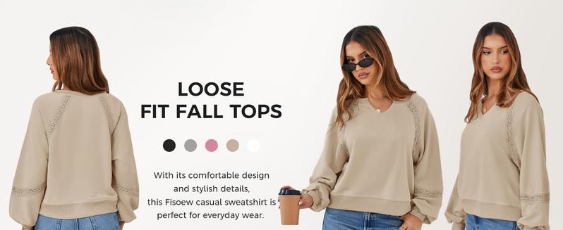 Imily Bela Womens Casual Sweatshirt Oversized Lantern Long Sleeve V Neck Lace Loose Fit Fall Pullover Tops