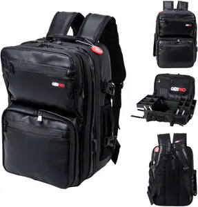 G&BPRO Backpack for Travel – Mid Size All-in-One Mobile Workstation with Extending Tray System – Hair Stylist & Durable Water-Resistant Bag (Black/Leather With Black Zipper)