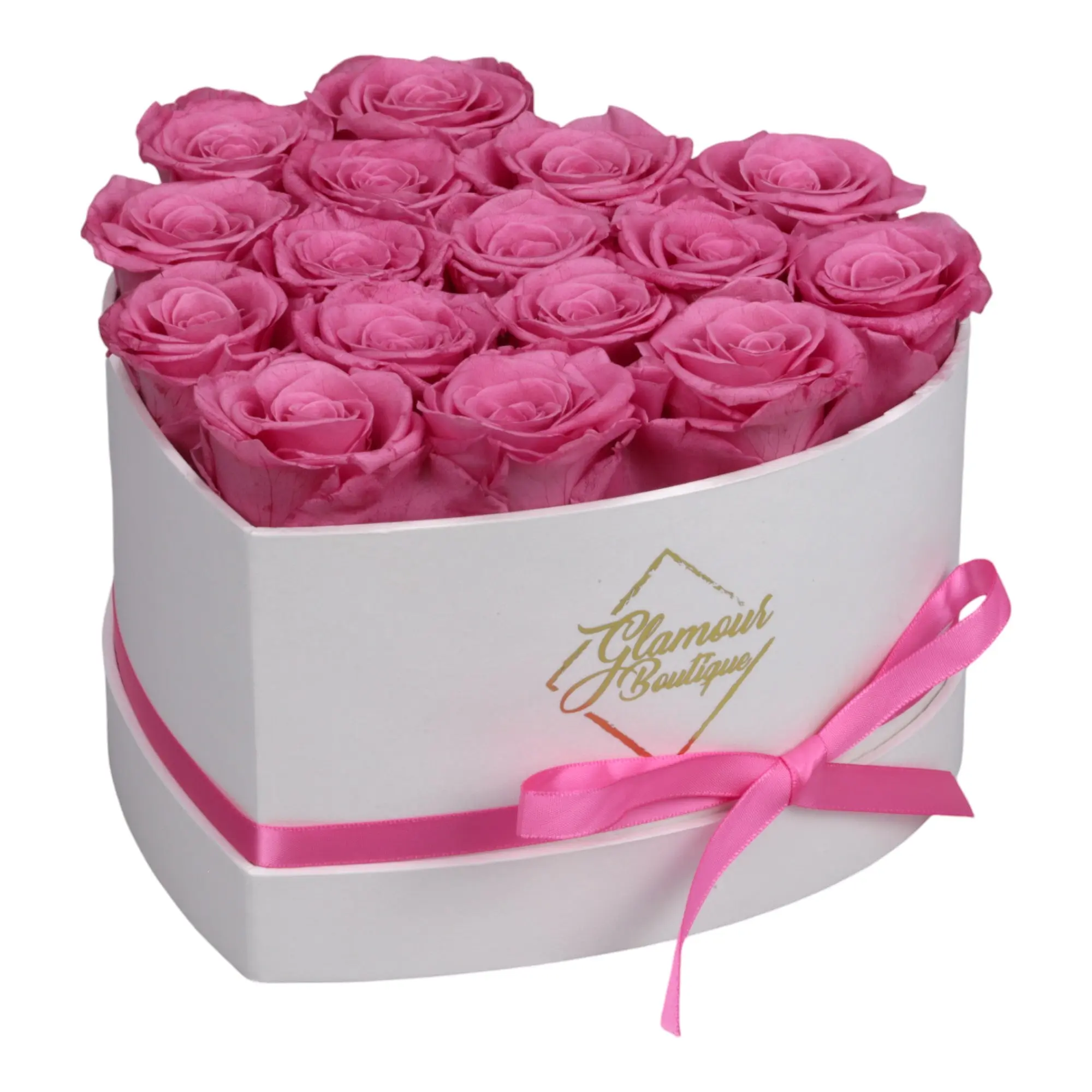 GLAMOUR BOUTIQUE Immortal Love Decorative Artificial Flowers Box - 16 Pink Roses, White Heart Ornaments for Birthday, Bedroom Home Decor