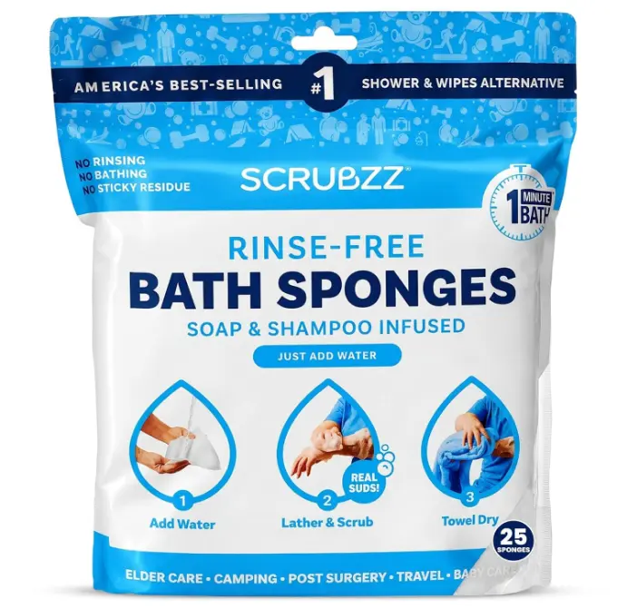 Scrubzz Disposable Rinse Free Bathing Wipes - 25 Pack - All-in-1 Single Use Shower Wipes, Simply Dampen, Lather, and Dry Without Shampoo or Rinsing