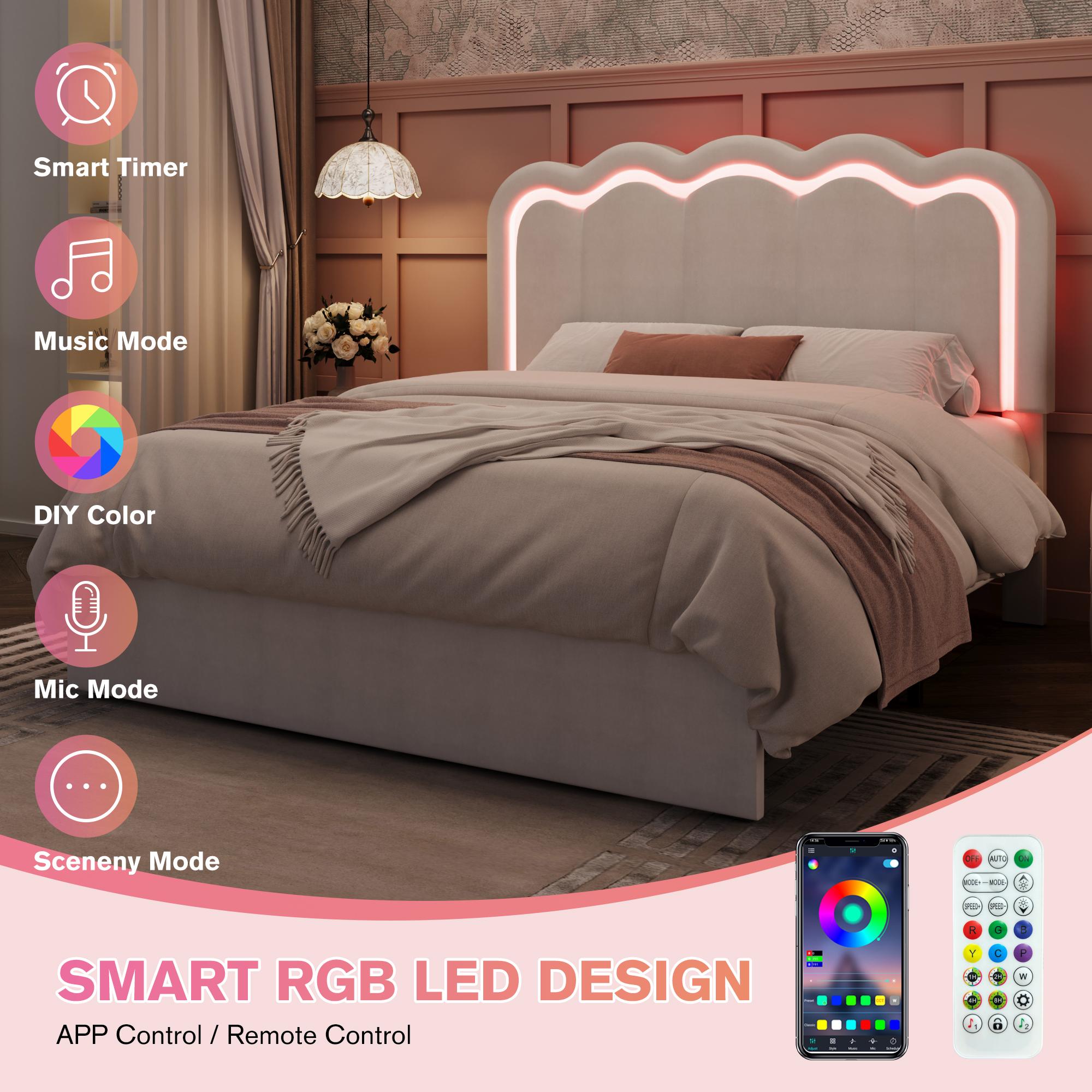 MUTIOCR Velvet Upholstered Bed Frame with Smart LED Lights Large Storage Drawer Adjustable Wavy Headboard No Box Spring Needed Twin Full Queen Sizes White Black Cream Pink