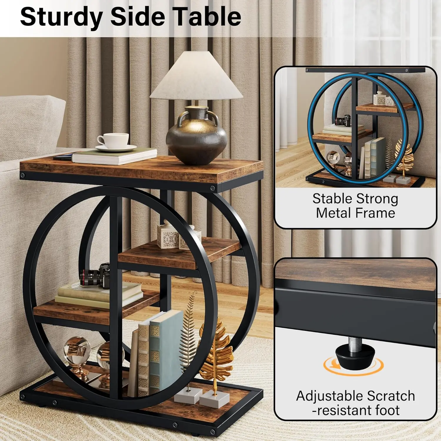 Rustic Industrial 4-Tier Slim End Table - Narrow Brown & Black Accent Table for Small Spaces, Living Room, Bedroom