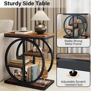 Slim End Table with 4 Tiers, Narrow Side Table for Small Spaces, Rustic Industrial Farmhouse Accent Table for Living Room, Bedroom, Office - Brown & Black