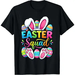 Family Easter Bunny and Egg Theme T-Shirt - Loose Fit Round Neck Casual Cosplay Apparel, featuring bunny and egg patterns, with an Easter egg hunt slogan design