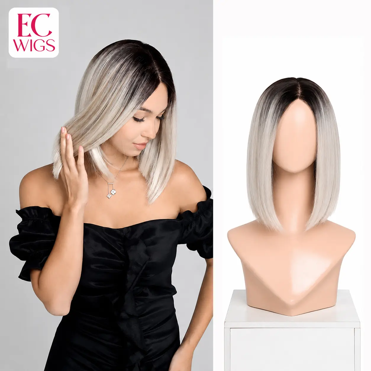 EC Wigs KAREN Women's Synthetic Lace Front Wig - 13x6 Hand-Tied Free Part, 12 in Straight Bob, 150% Density, Anti-Slip Silicone Strips, Glueless, Natural Light Beige Mixed Color