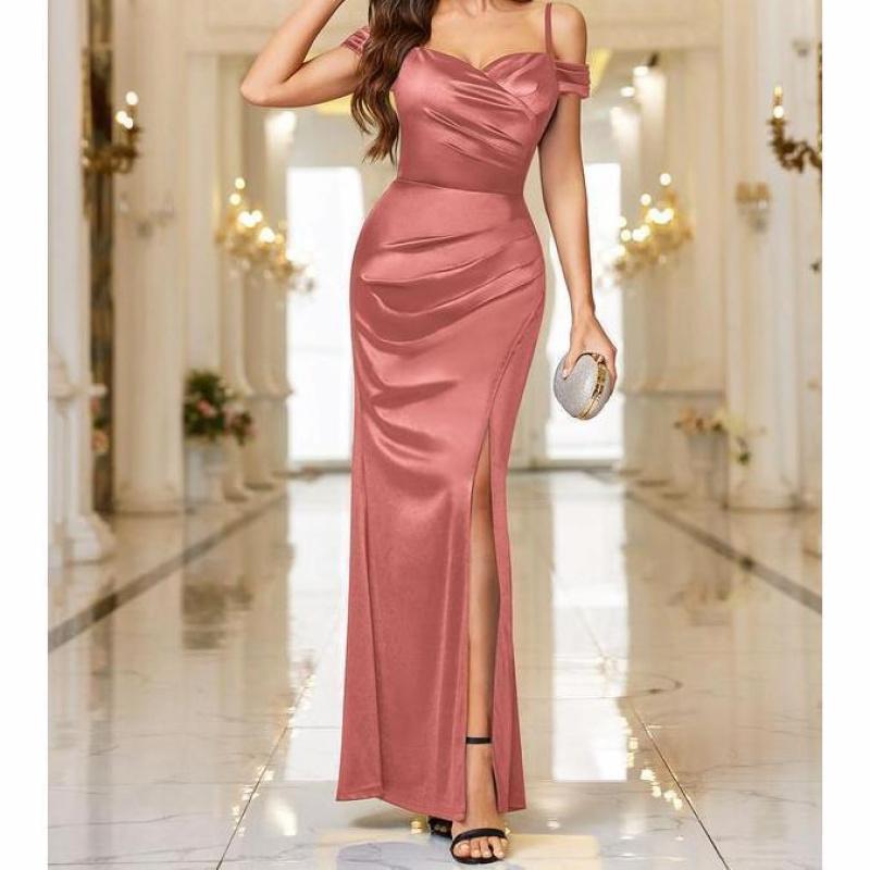 Off Shoulder Satin Slit Maxi Dress Women Formal Evening Party Guest Navy Blue Wrap Ruching Spaghetti Strap Wedding Graduation Bridesmaid Workwear Minimalist Elegant X1445