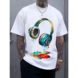 Women's Navy Blue Thick Loose-Fitting Round Neck Short-Sleeve Graphic T-Shirt with Vibrant Headphone Print, Casual Trendy Summer Streetwear Top