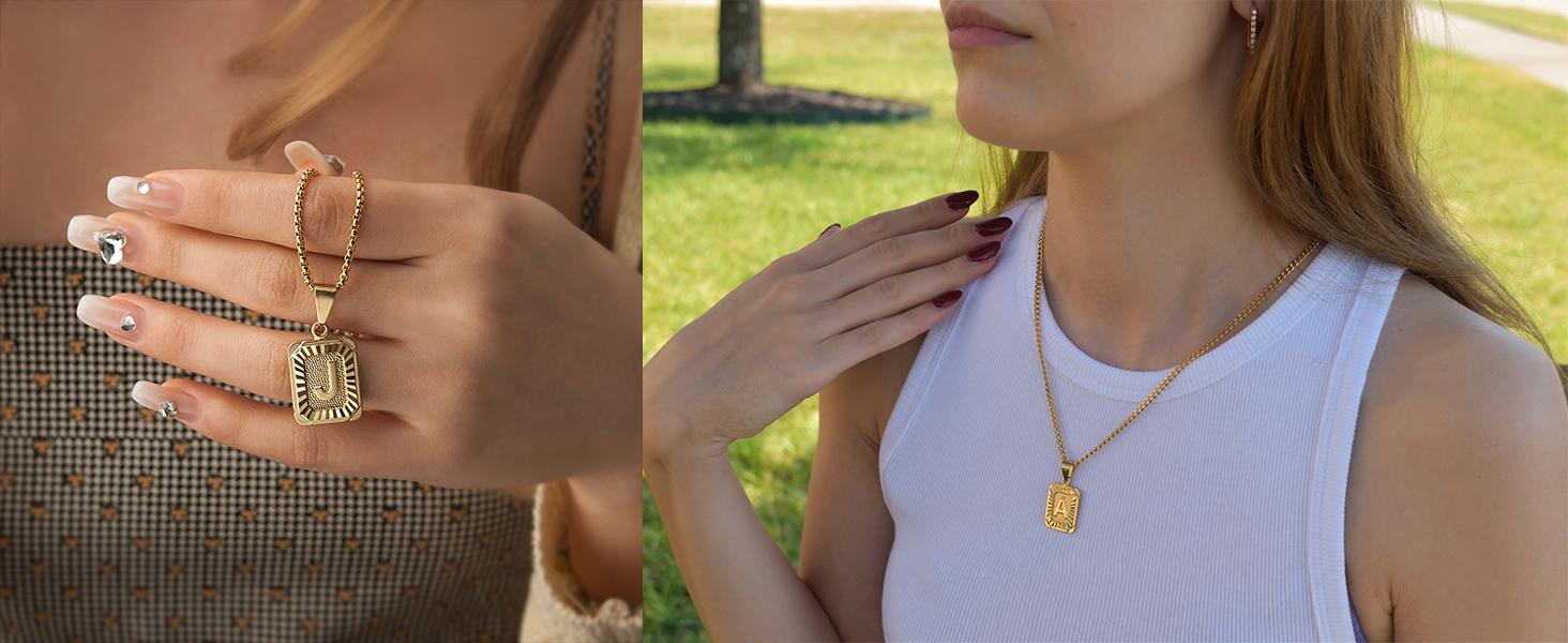 Trendsmax Initial A-Z Letter Pendant Necklace Mens Womens Capital Letter Yellow Gold Plated Stainless Steel Box Chain 22inch