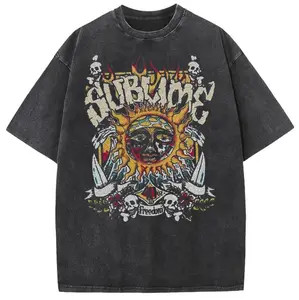 Vintage Sun Pattern Acid Wash Oversized T Shirt for Men and Women Heavyweight Cotton Casual Graphic Tee