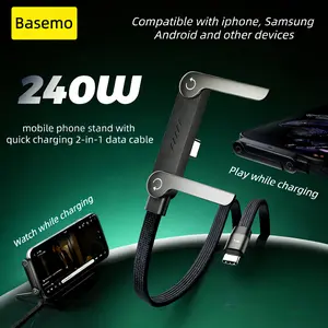 2-in-1 Fast Charging Cable & Phone Stand 240W Ultra-Fast Charging Compatible with iPhone Samsung Type-C Gaming Office Car Travel Double Type-C and Lightning Charging port