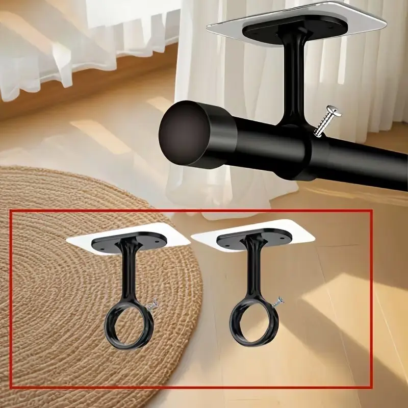 Self-Adhesive Adjustable Curtain Rods Hooks, Drill-Free Ceiling-Mount Curtain Rod Brackets, No Wall Damage, Suitable for Wardrobe and Bedroom, Modern Decor Style Adhesive Curtain Rod Holder