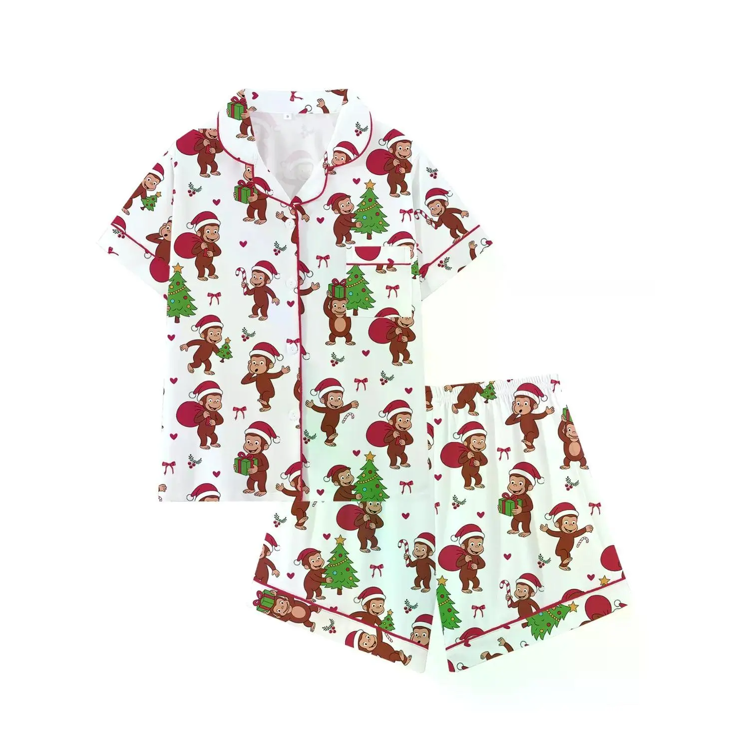 Adorable Monkey Bow Collar Short Sleeve Pajama Set for Teen Girls, Cartoon Print Sleepwear, Comfortable and Loose-Fit, Perfect Christmas Gift for All Seasons
