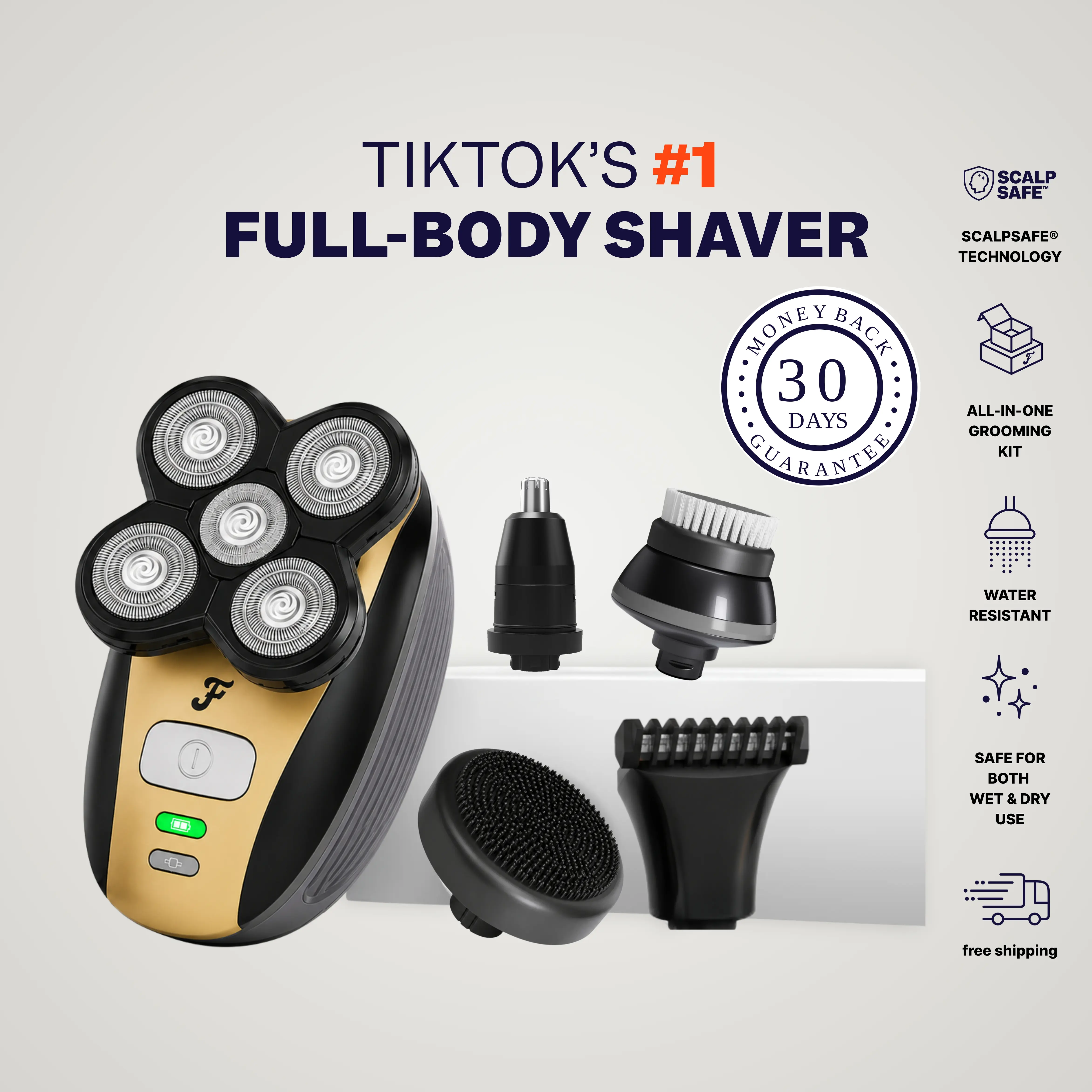 FREEBIRD FlexSeries Electric Head Shaver for Men, 5-in-1 Multifunctional Grooming Kit with ScalpSafe Technology, Waterproof USB Rechargeable Cordless Shaver for Hair Removal, Portable Mens Grooming Tool & Ideal Gift for Guys, Cordless Portable Shaver, Mul