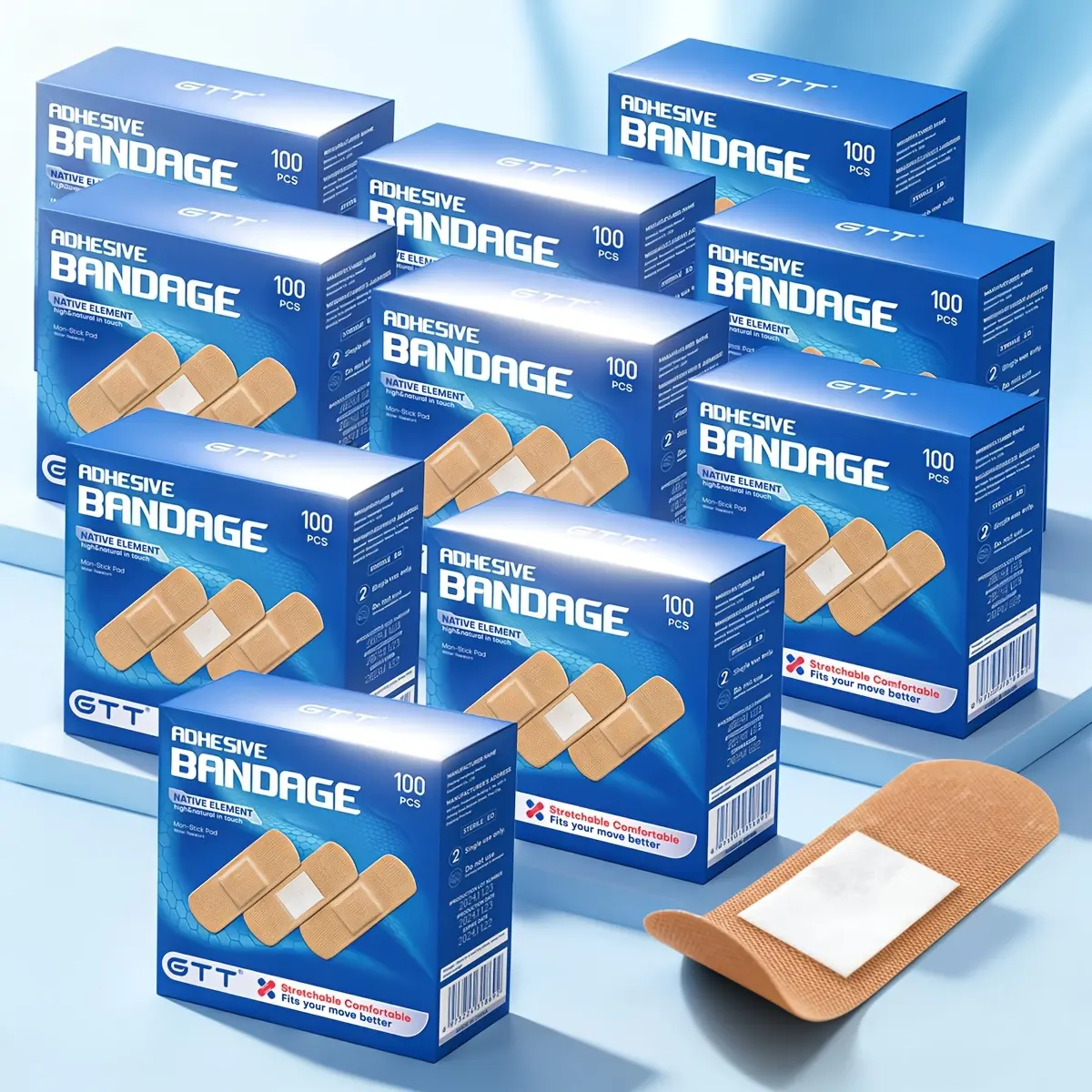 GTT Classic Disposable Self-Adhesive Bandage Strips - 100/300/500pcs, Flexible Fit, Waterproof, Breathable, Padded Fabric Wound Care Supplies for Adults Kids Home Outdoors First Aid