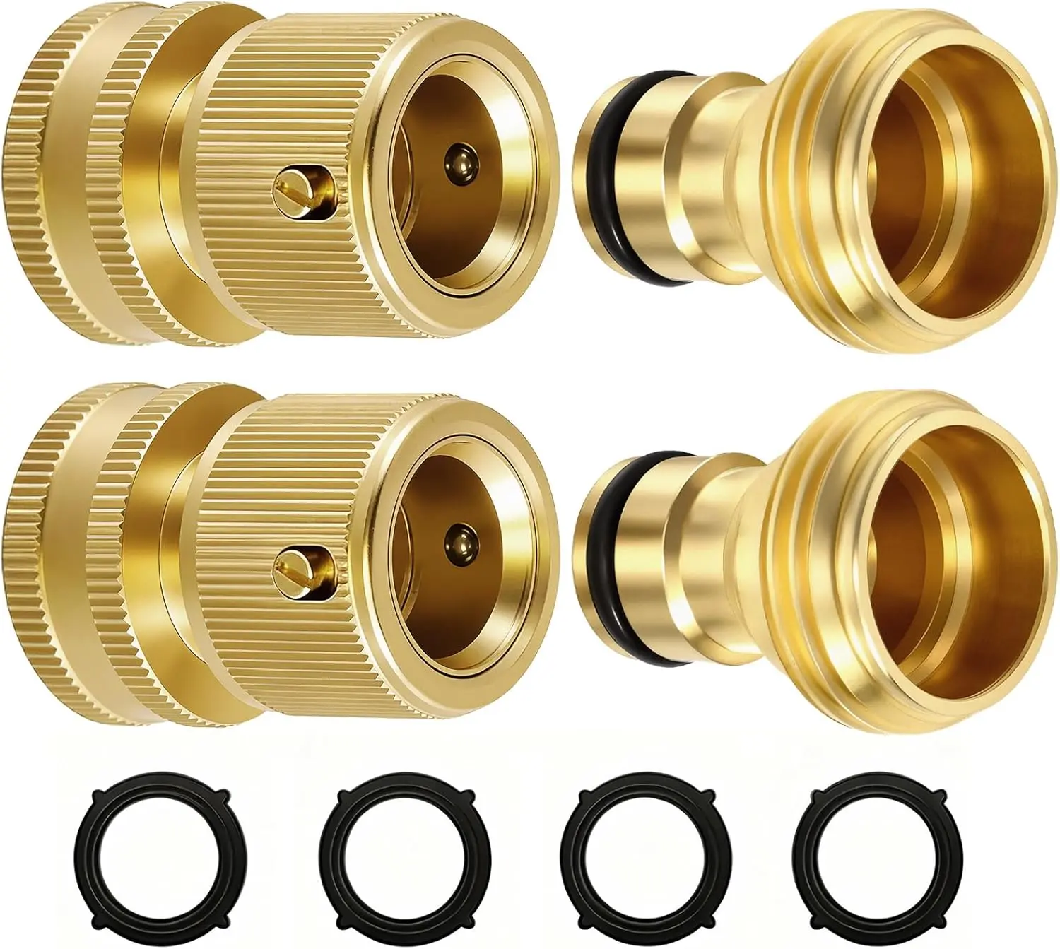 Garden Hose Quick Connect Fittings 4Pack, Outdoor 3/4 in Solid Brass Thread Set - Leakproof Female & Male Connectors, Sealed Connection Keeps Water Flowing, Resists Daily Garden Wear, Set Pack