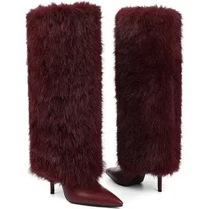 Womens Faux Fur Stiletto Knee High Boots Winered Fold Over Fur Boots Pointed Toe Long Fashion Boots for Fall Winter Party Night Out Daily Wear Outfit Brown Black Red Colors Boots woman warm