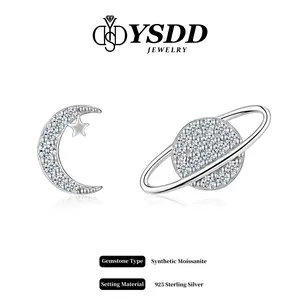 【#590 Planet】Moon and Saturn Full Moissanite Earrings vvs Synthetic Moissanite Earrings in 925 Sterling Silver