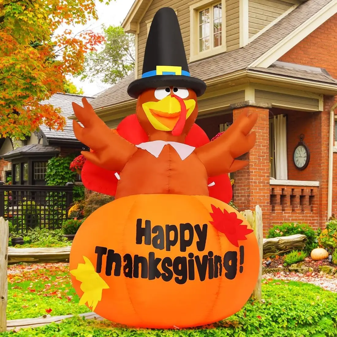 GOOSH 6 Ft Standing Thanksgiving Inflatable Turkey Decoration, Outdoor Yard Decor with Built-in LED Lights, Pumpkin Accent for Indoor House Garden Lawn Party Festive Decorations
