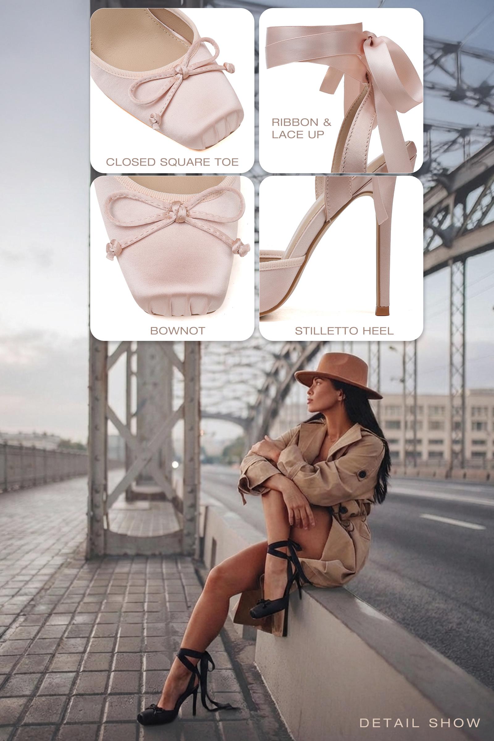 CYNLLIO High Heels for Women Closed Square Toe Stiletto Satin Ballet Heel Bow Design Lace Up Ballerina Dress Heeled Sandals for Party Date Outdoor Events Cosplay Ankle Starp Slingback Pumps Spring Mary Janes Ballerina Graduation Heels Shoe