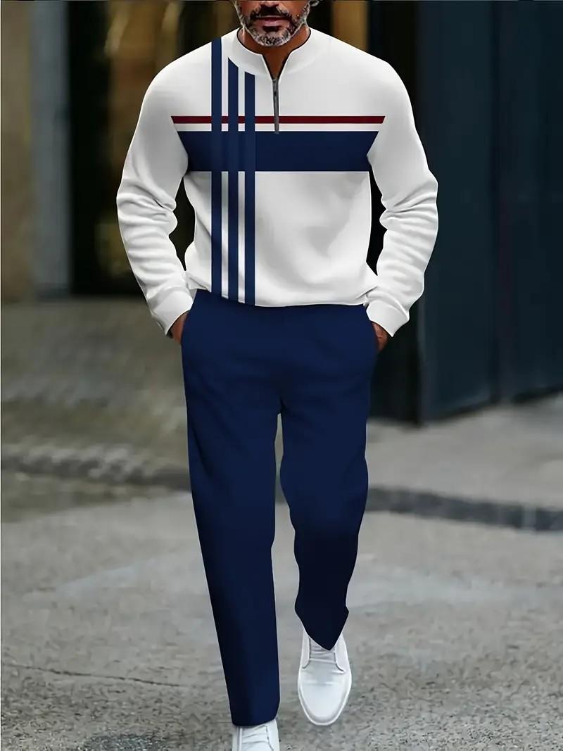 Men's Fashion Casual Zipper Stand Collar Long Sleeve Hoodie & Pants Set in Light Blue with White Stripes and Navy Blue Bottoms