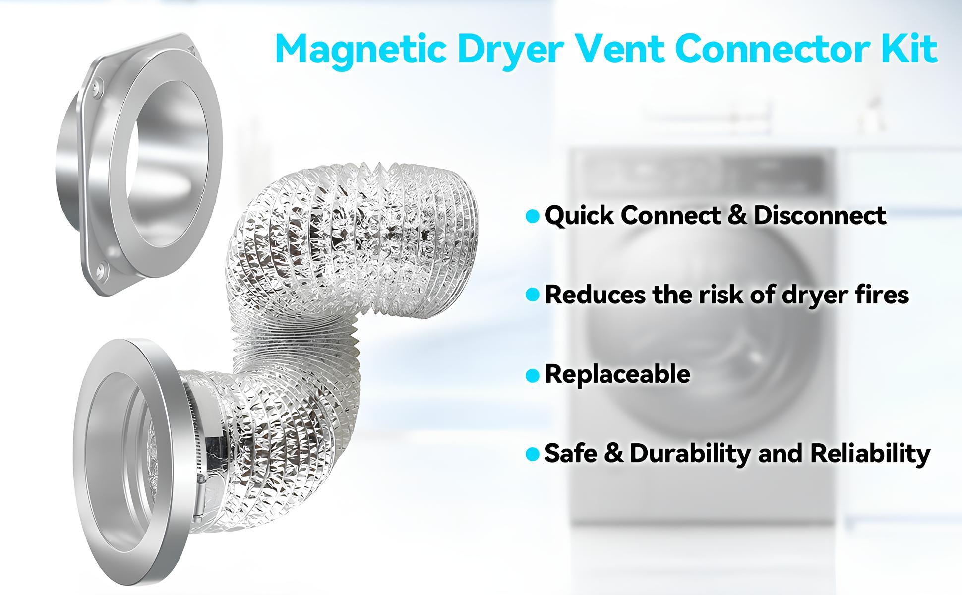 Magnetic Dryer Vent Connector Kit DV180 Airtight Seal Magnetic Dryer Vent Coupler Dryer Vent Hose Coupling Exhaust Hose with 2.6ft 4" Duct and Two Clamps Quick Connect Magnetic Dryer Vent Connector