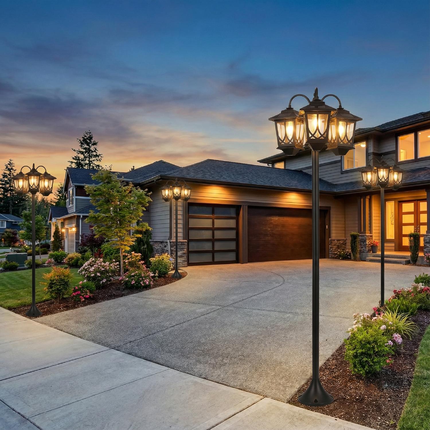 Hoodink Outdoor Solar Lamp Post Lights 3-Head Waterproof 60 Lumens for Garden Lawn Pathway Yard Front Back Door 73 Inch Solar Powerd Decoration