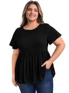 GRACE & GRANDEUR Women's Plus Size Top Eyelet Embroidery Short Sleeve Blouse Ruffle Hem Cinched Waist Babydoll Tunic Tee