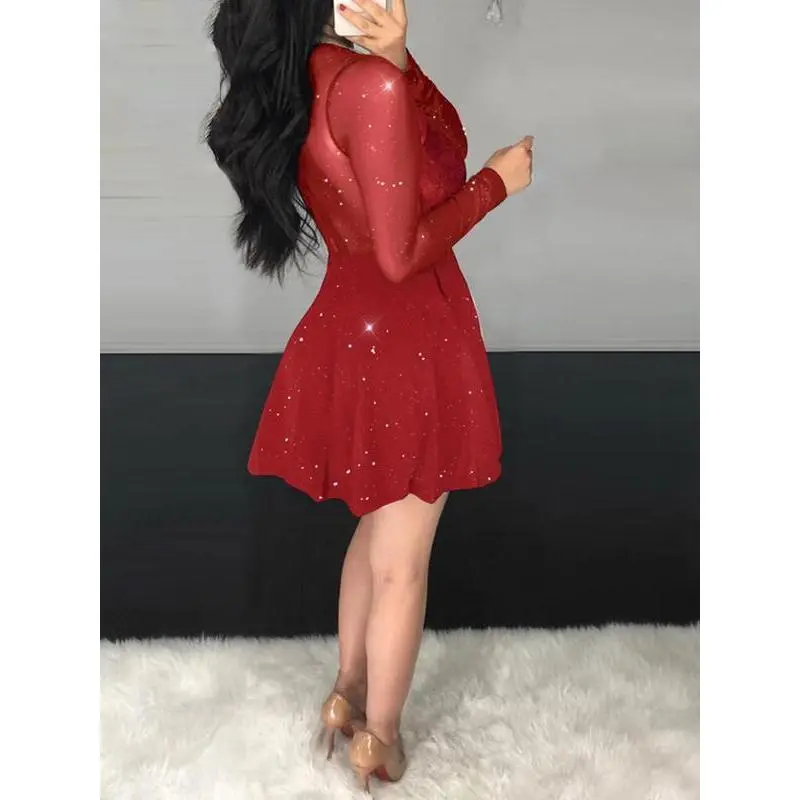 Women's Glitter Contrast Mesh Sheer Sweetheart Neck A Line Dress, Elegant Long Sleeve Mini Dress for Party Club Dating Wear, Women's Dress for Spring & Fall(gift) Fit Formal Women's Glitter Contrast Mesh Sheer Sweetheart Neck A Line Dress, Elegant Long Sleeve Mini Dress for Party Club Dating Wear, Women's Dress for Spring & Fall(gift) Fit Formal