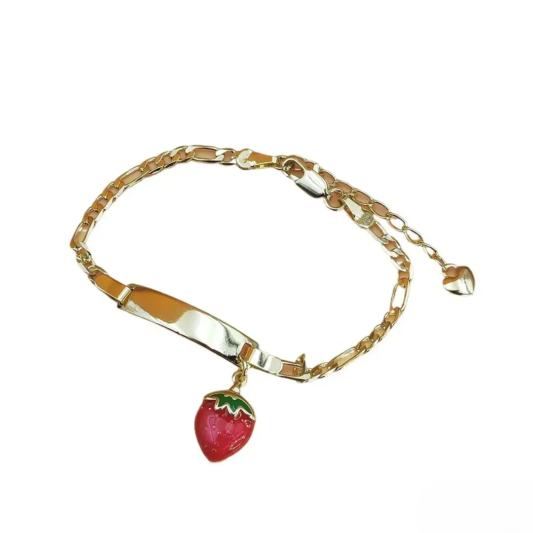 14K Gold Plated Cute Strawberry Charm Bracelet for Kids & Little Girls, Sweet Curved Blank Tag Design Chain, Trendy Spring New Arrival Fashion Jewelry, Dainty Lightweight Gift for Children Daily Wear & Holiday Presents,summervibes outdoorfun