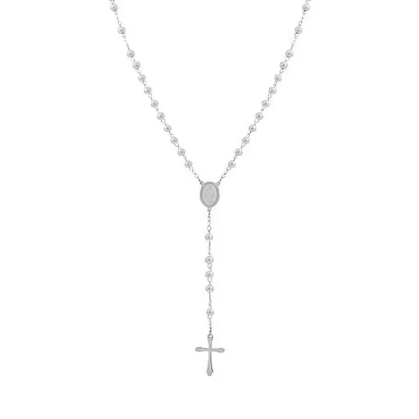 Stately Steel Stainless Steel Simulated Pearls Rosary Necklace