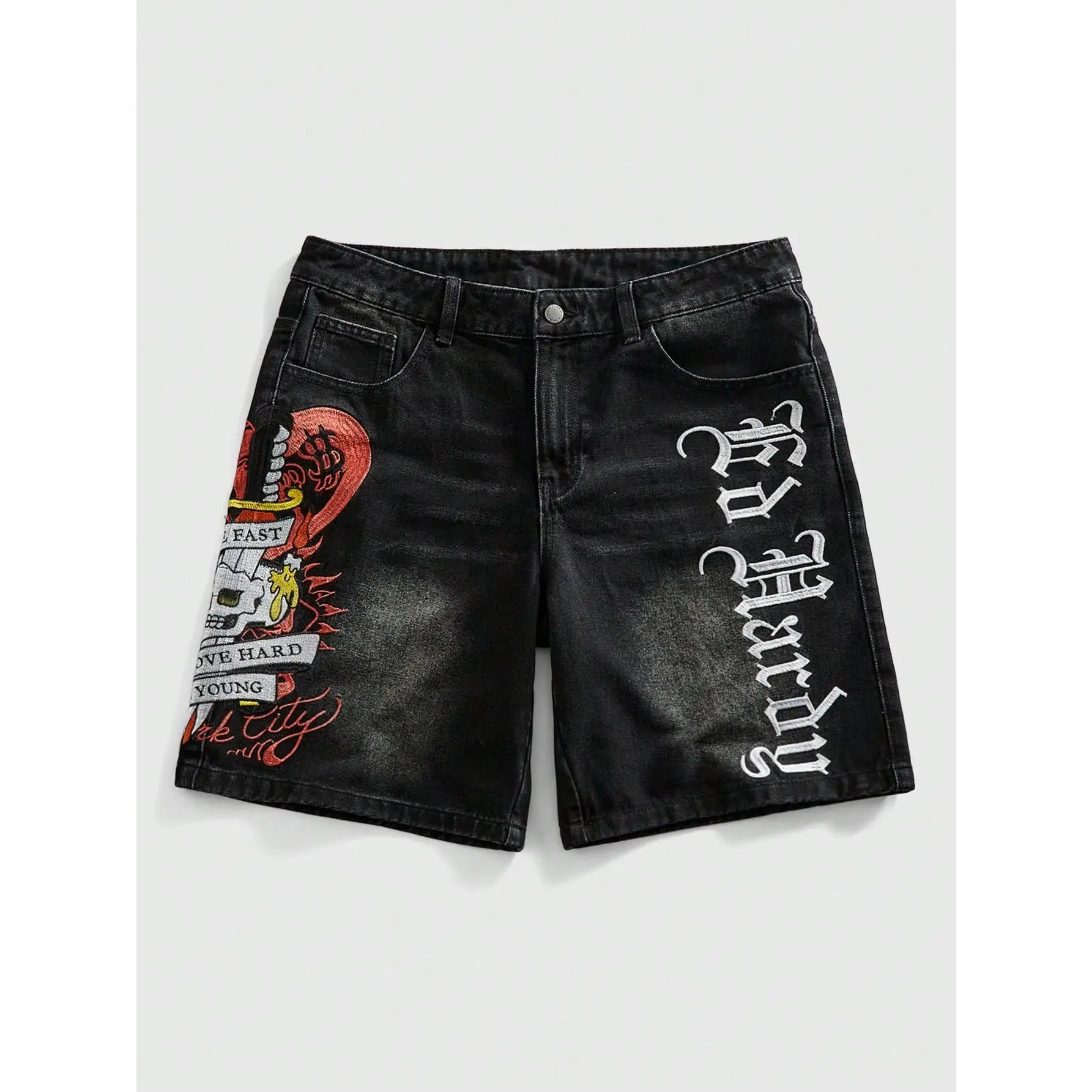 Men's Vintage Washed Denim Shorts - Baggy Jorts, Relaxed Fit, Dark Embroidery, 90s Grunge Retro Punk-Inspired Casual, Skate-Park Ready Menswear, Durable Stitching, Washed Denim Vibe, Sturdy Fabric, Short Length Jeans, Tumble Dry Compatible