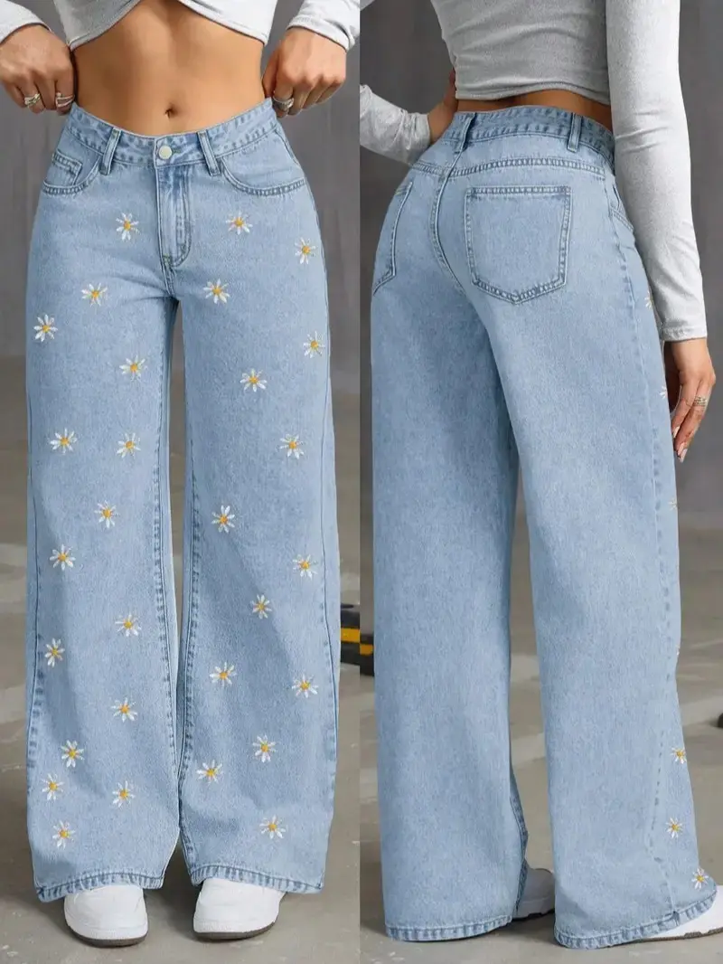 Graphic Design Jeans for Women, High-Waist Daisy Print Baggy Flare Jeans, Lightweight Casual Soft Denim Bottoms, Floral, Pants