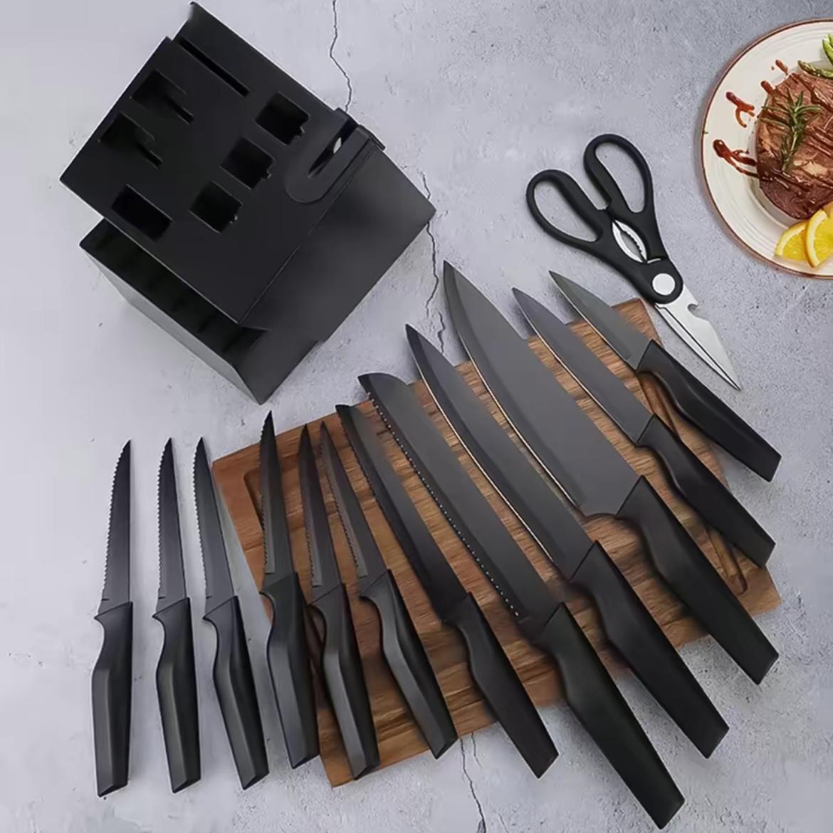 15-piece stainless steelknife set with built-in sharpener. Includes kitchenknives, a chef's knife, a Japanese knife, a meatcleaver, a bread knife, a steak knife, a utility knifea paring knife, and scissors. Kitchenware Block CuttingWood Container Wooden