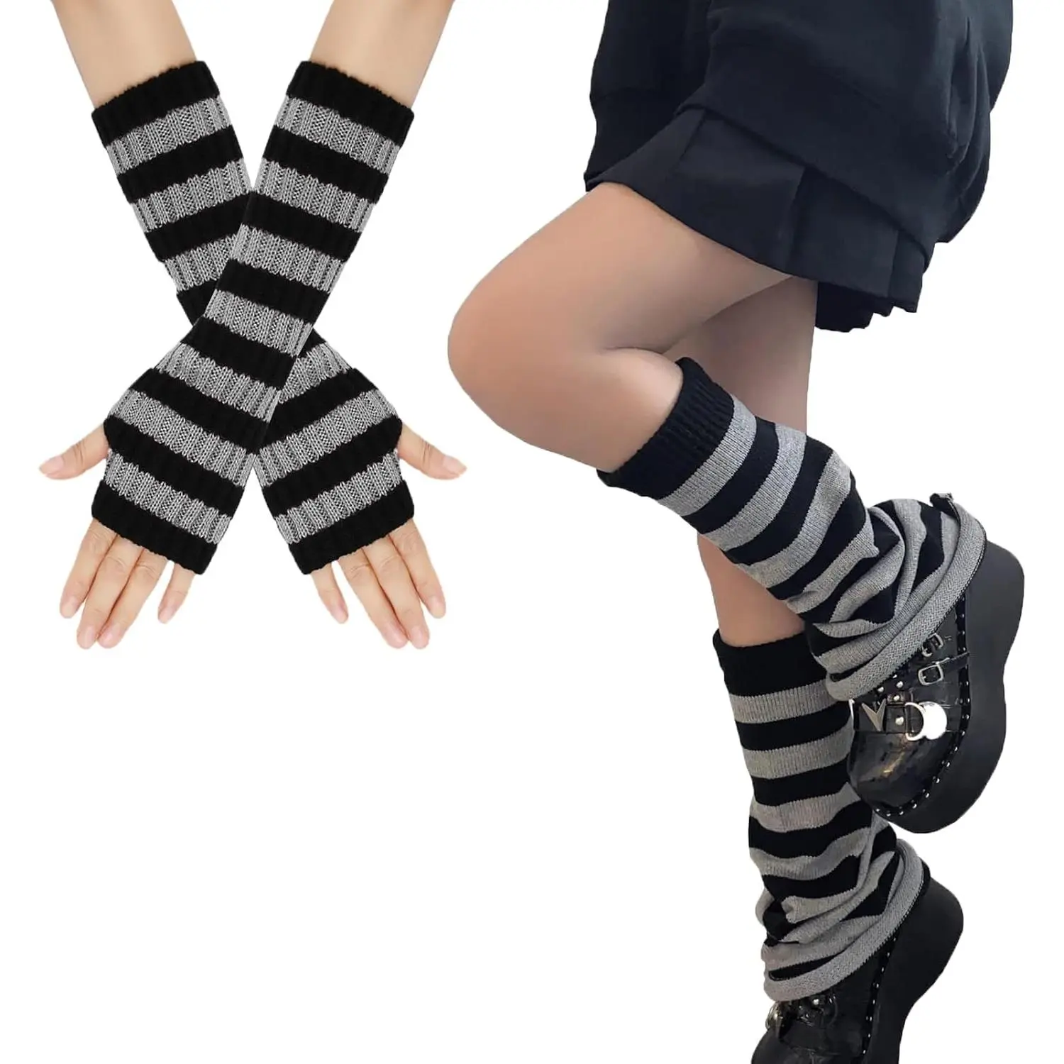 Women Arm and Leg Warmers Set Y2K Striped Streewear Cover Kawaii Harajuku Socks Accessories for Rave Festival