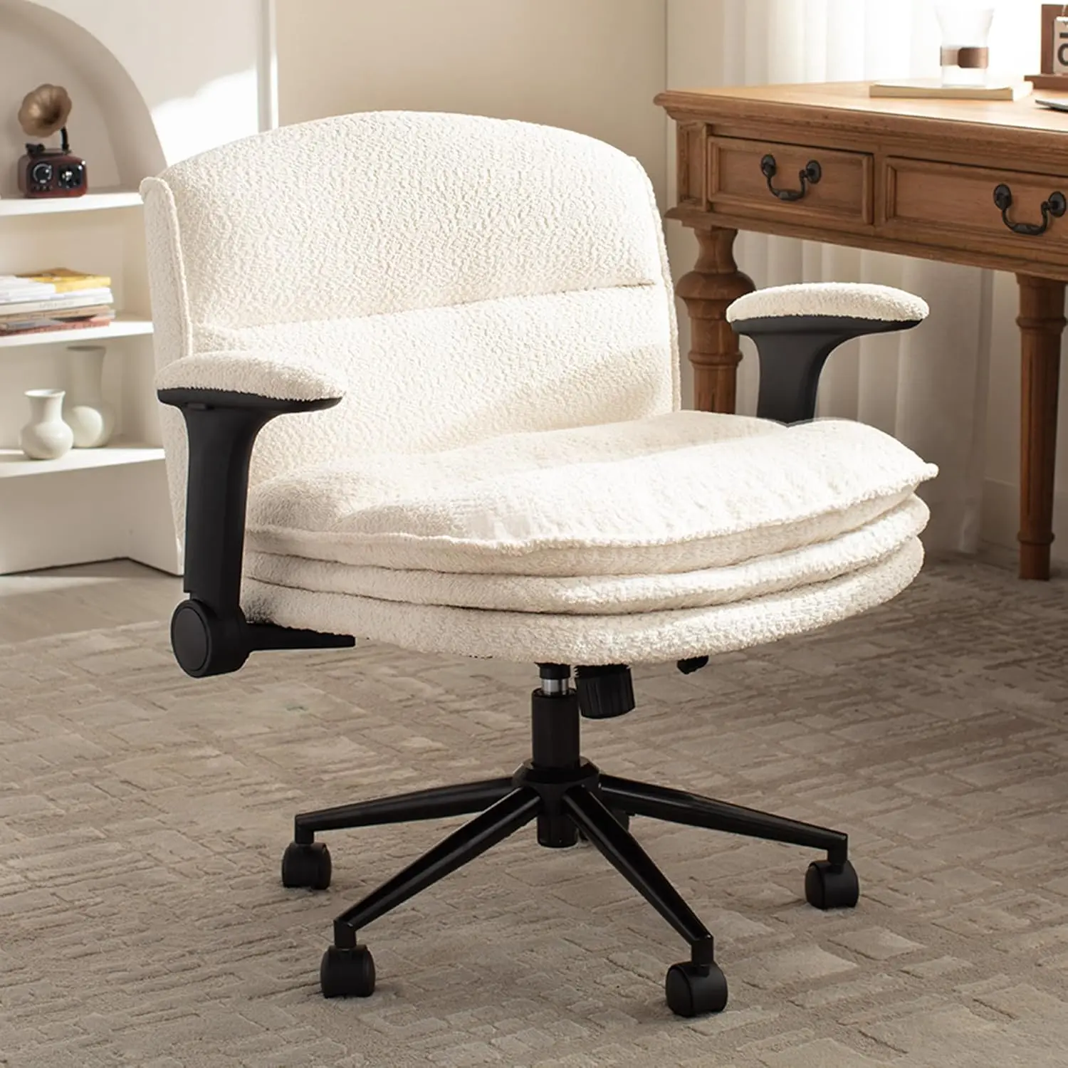 [DealsForYouDays] Extra Large Criss Cross Chair,  Oversized Chair with Adjustable Flip-up Arms and Wheels, Comfort Ergonomic Office Desk Armchair with 3 Layer Cushions, Wide Seat Vanity Chair for Home Office, Living Room, Bedroom