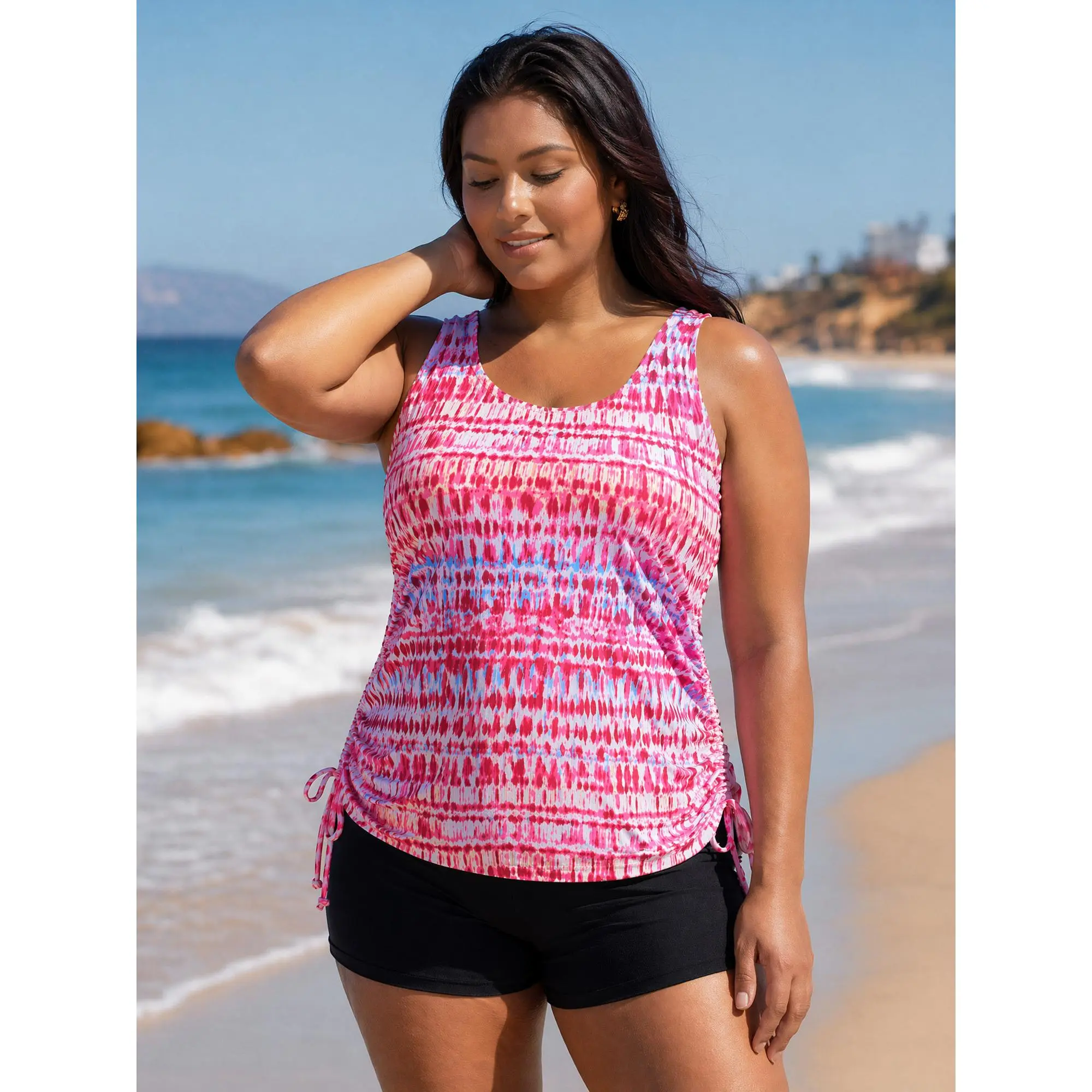 BloomChic Women's Plus Size Peach Tie-Dye Patterned Swimsuit Tankini Top - 95% Polyester,5% Spandex (Elastane), Chlorine Resistant, High Stretch, Bust Support, Adjustable Straps, Sleeveless, No Closure, Cold & Machine Washable Sports Swim Top