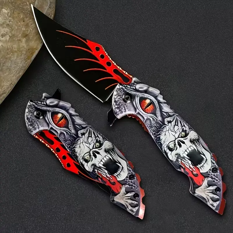Skeleton Tactical Folding Knife - Stainless Steel Survival Pocket Knife with Red Decoration, 7.87-in Blade, Camping Gear, Outdoor Multifunctional Tool, Ideal for Camping, Boyfriends, Christmas Halloween Presents, Outdoor Multifunctional Tools