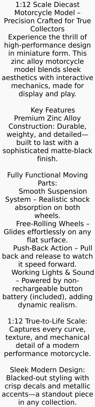 "1:12 Scale Diecast Motorcycle Model - Zinc Alloy Collectible Toy! Features Suspension, Free - Roller, Push - Back & Non - Rechargeable Button Battery. Black, Sleek Modern Design for Diecast Enthusiasts! "