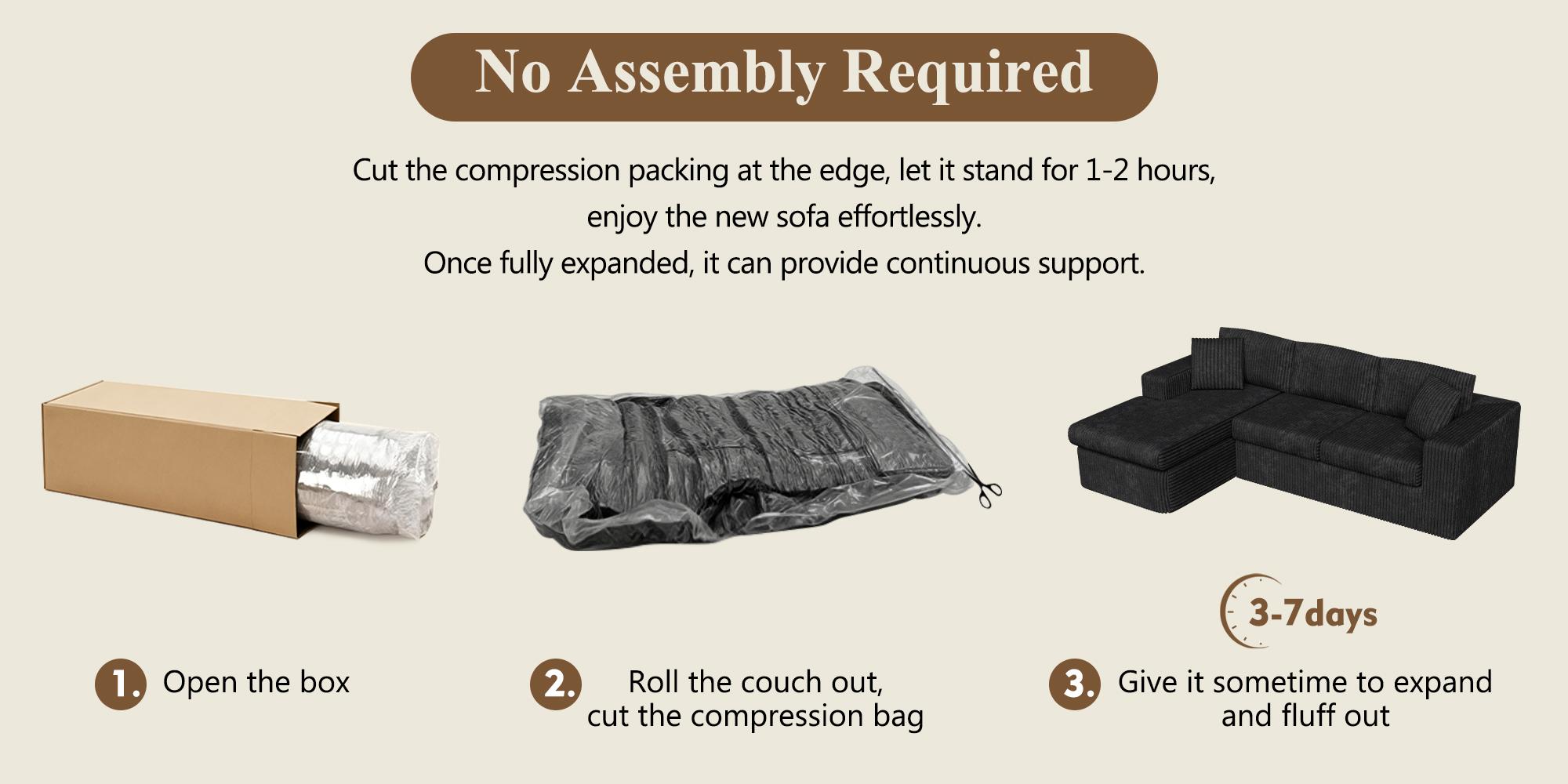 Walsunny 104" Cloud Sectional Couch L-Shape Chaise Modular Sofa in Plush Corduroy Fabric for Living Room & Bedroom No Assembly Required Black Upholstered Couches