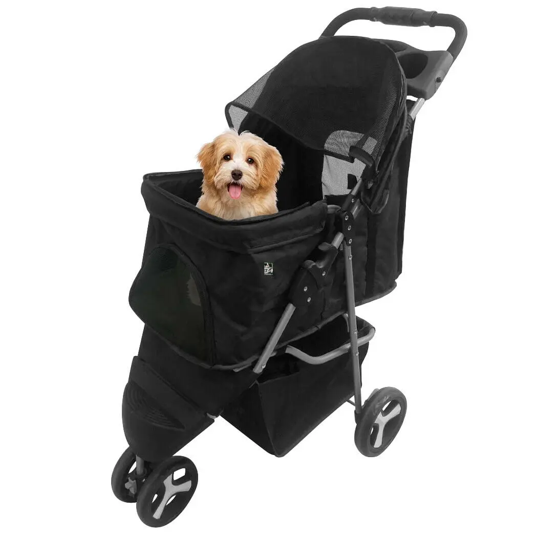 Black 3-Wheel Foldable Portable Puppy Stroller - 30.7" x 17.7" x 40", 10.7 lbs Pet Carrier for Cats/Dogs with Zipper, Fabric Construction, Metal Frame, Storage Basket, Mesh Window, Ventilation (33 lbs Capacity), Outdoor Animal Carrier, Easy Storage