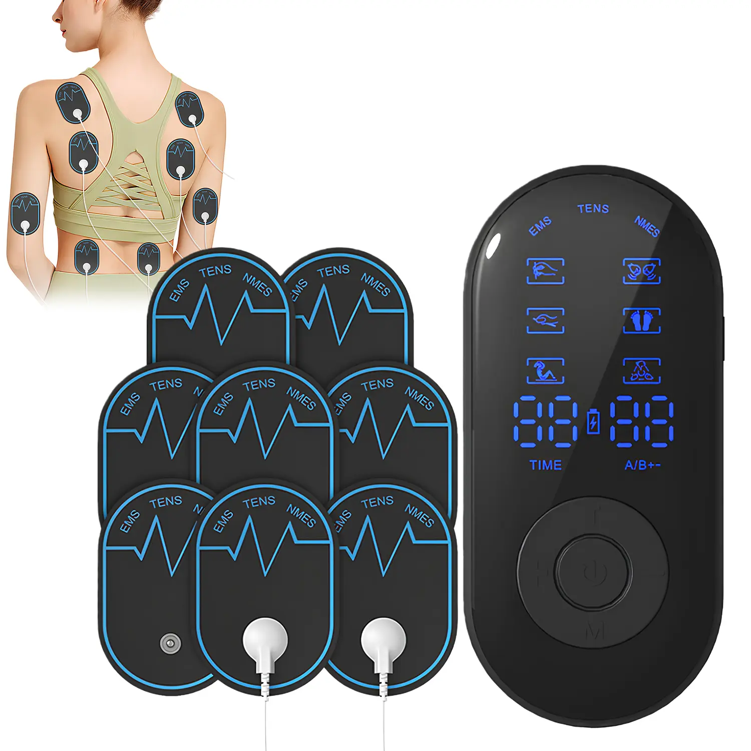 Rechargeable TENS Unit Muscle Stimulator - Adjustable Therapy Device with 30 Modes, 8 Electrode Pads for Back Pain Relief
