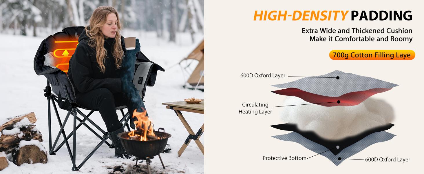 SLSY Heated Armrest Camping Chair, Portable Heated Folding Recliner Chair with 3 Heat Levels, Patio Lawn Lounge Chair Supports 400 lbs【Batteries not included】