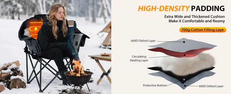 SLSY Unisex Heated Camping Chair, Portable Folding Recliner with Padded Armrests, Heat Control, Oxford Fabric, 400 lbs Capacity, Carry Bag for Garden & Outdoor Use【Batteries Not Included】