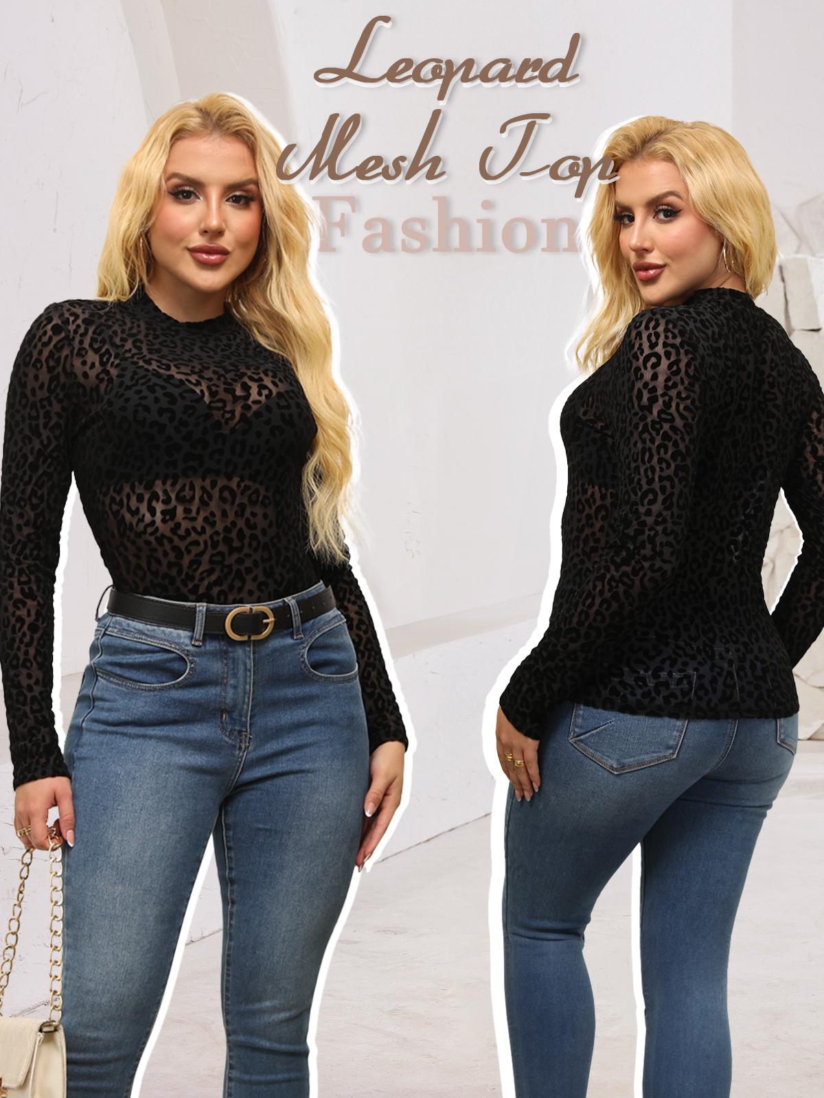 ChicovarFashion Womens Leopard Print Mock Neck Mesh Top, S-3XL,Sexy Sheer Tshirt, Non-itchy Lace Shirt, Elegant Long Sleeve Shirt for All Seasons, Ideal for Night Out, Holidays, Party, Concert SpringStatements